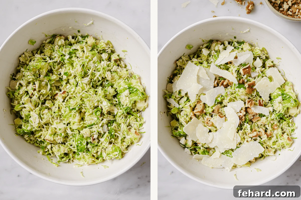 Crisp Shaved Brussels Sprout Slaw 5 Left: Salad and dressing mixed together. Right: walnuts and parmesan added to the top.