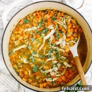 overhead view of sweet potato chicken soup in a white Dutch oven pot