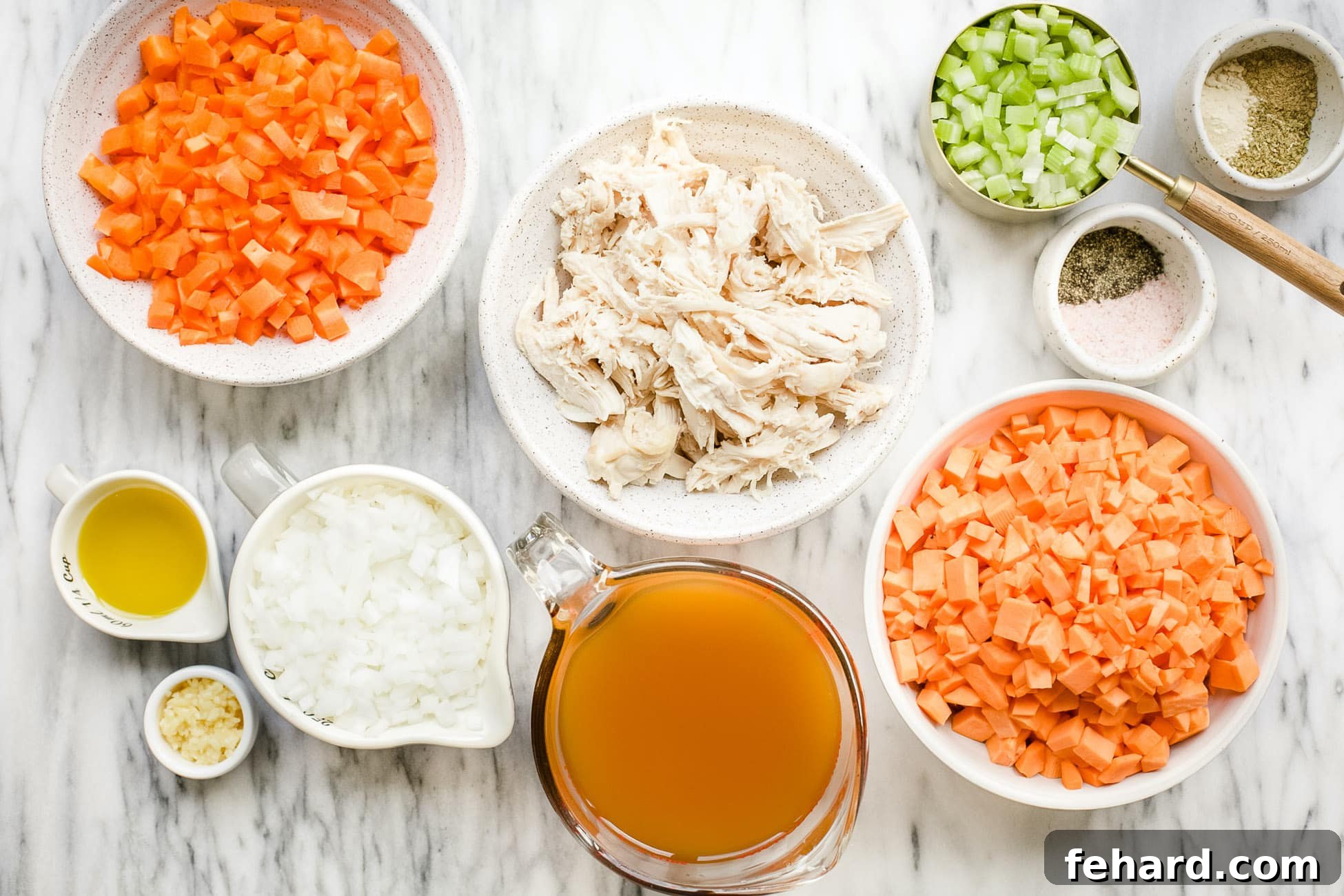 overhead view of the ingredients to make the sweet potato chicken soup.