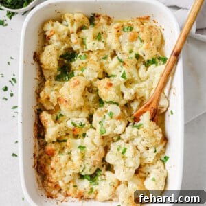 Delicious Cauliflower Au Gratin, a creamy cheesy side dish.