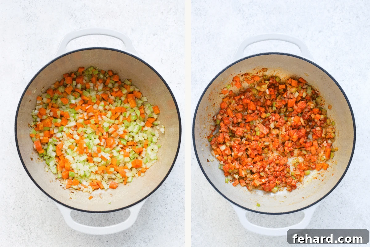 Left image shows diced onions, carrots, and celery sautéing in a Dutch oven. Right image shows tomato paste and Italian seasonings added to the sautéed vegetables, being stirred.