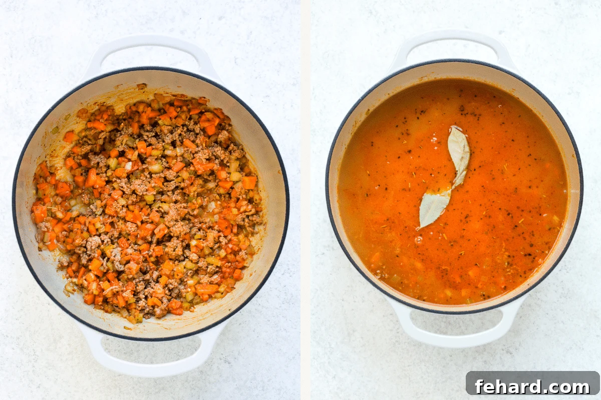 Left image displays ground beef browning in a Dutch oven with sautéed vegetables. Right image shows beef broth, diced tomatoes, potatoes, and bay leaves added to the pot, ready to simmer.
