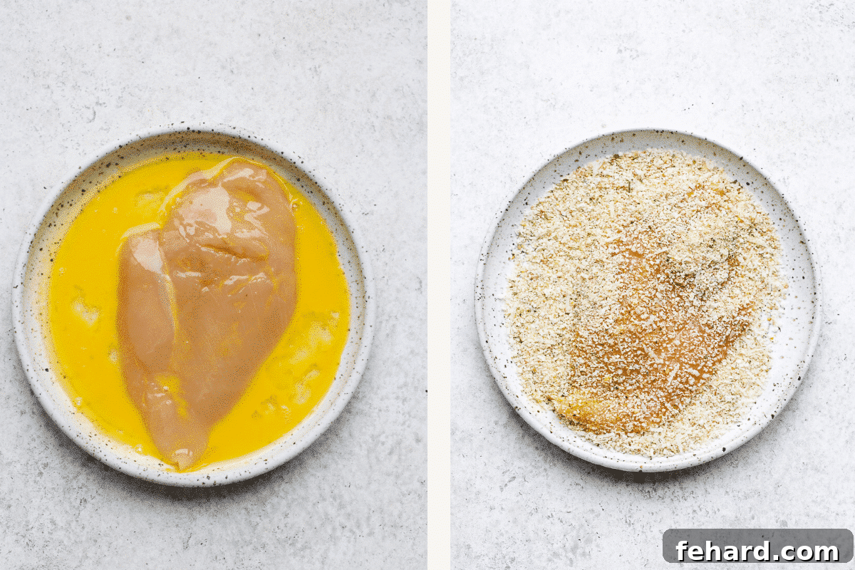 Homestyle Chicken Parmesan Bake 4 Left: dipping chicken in whisked egg. Right: covering chicken in breadcrumbs.