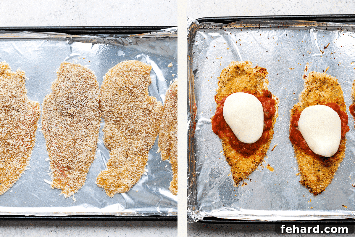 Homestyle Chicken Parmesan Bake 5 Left: breaded chicken on baking sheet. Right: baked chicken covered in tomato sauce and mozzarella.