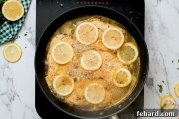 Zesty Honey-Glazed Skillet Chicken 7 Chicken cutlets cooked in a skillet topped with lemon slices in a lemon honey pan sauce.