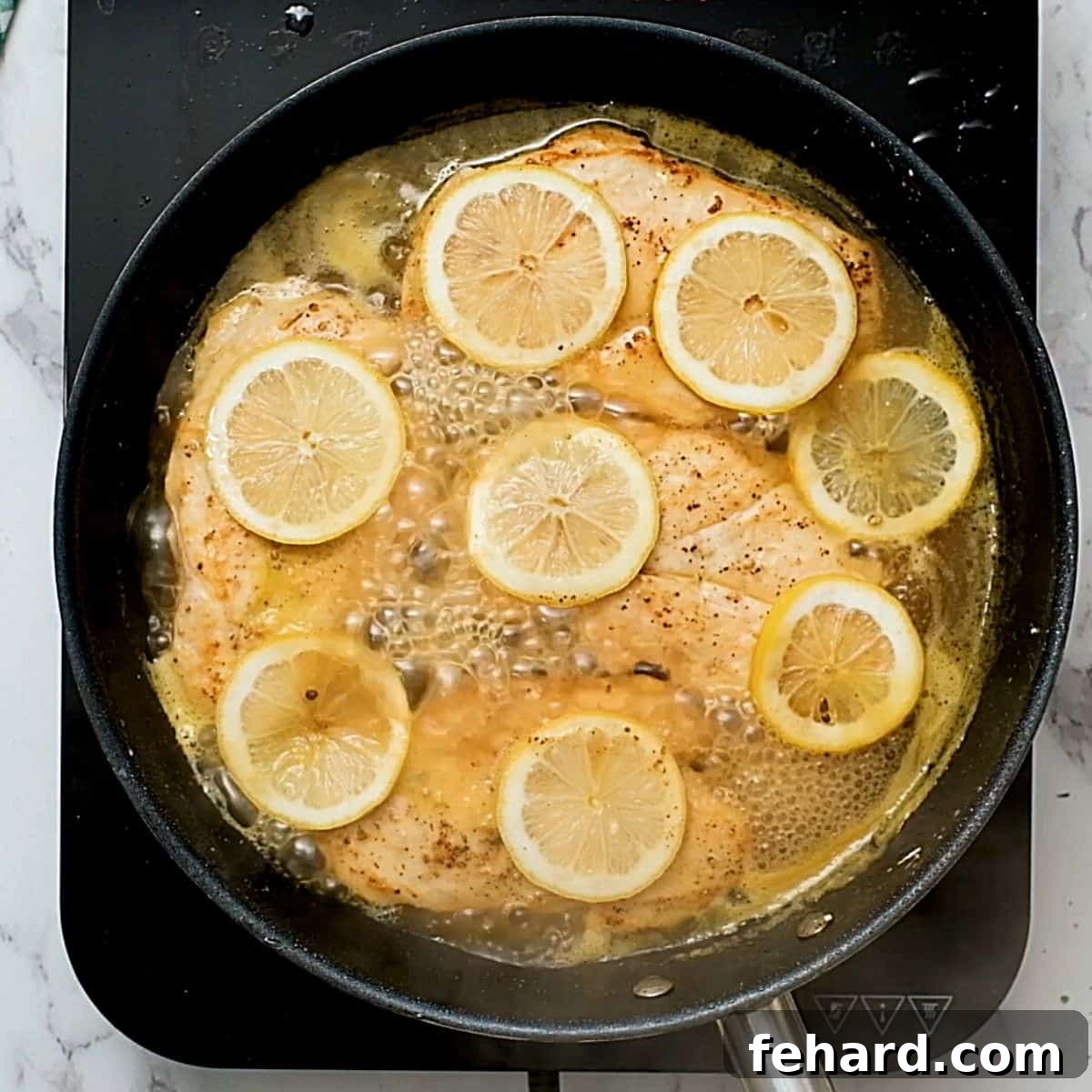 Honey Lemon Chicken Recipe Chicken cutlets simmering in a skillet, topped with vibrant lemon slices and a rich pan sauce.