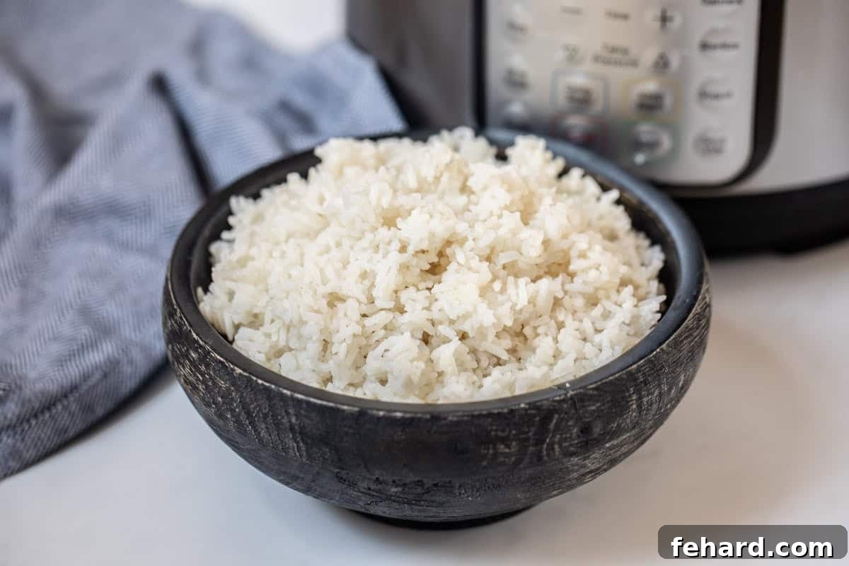 Fluffy white rice in a black bowl with an Instant Pot in the background, showcasing perfect texture.