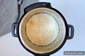 Long grain jasmine rice cooked inside inner pot of pressure cooker.