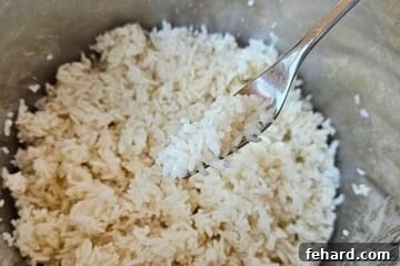 Forkful of fluffy white rice inside inner pot.