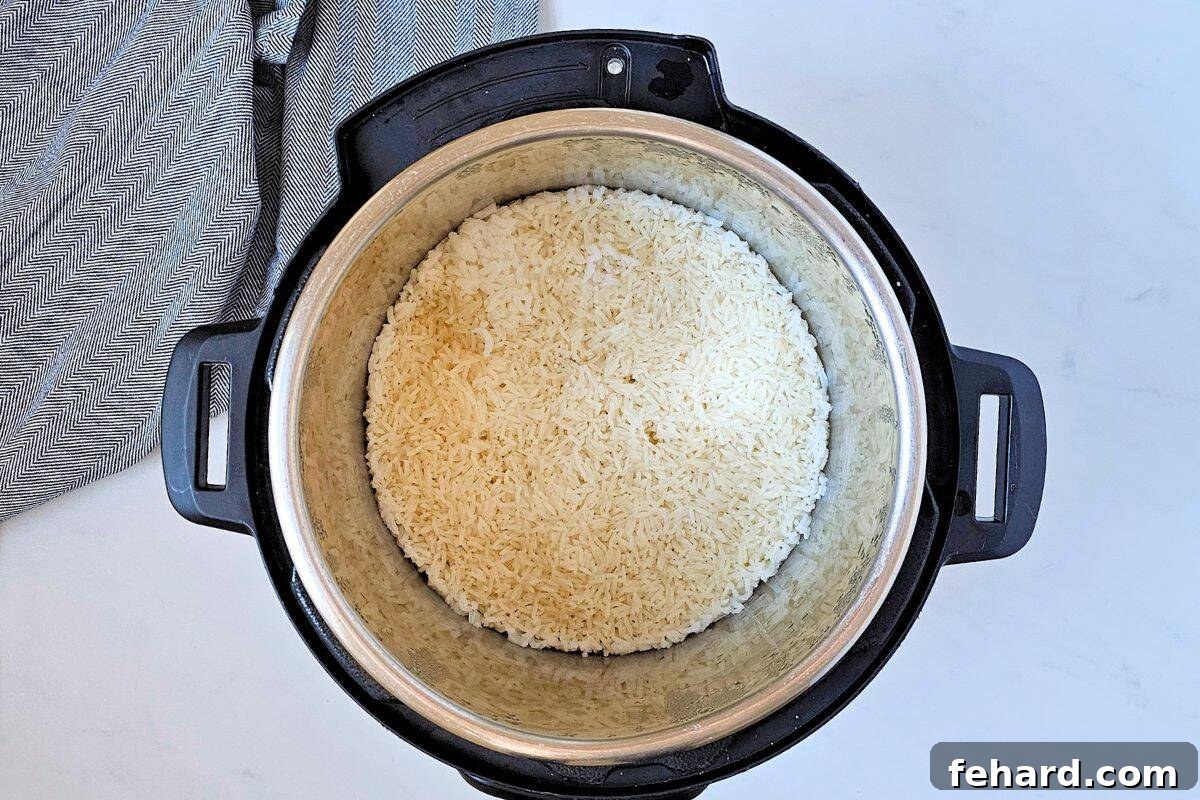 Fluffy long grain jasmine rice perfectly cooked inside the inner pot of a pressure cooker, after natural pressure release.