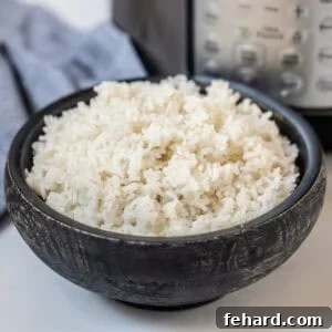 Fluffy white rice that was cooked in instant pot in black bowl with Instant Pot in background.