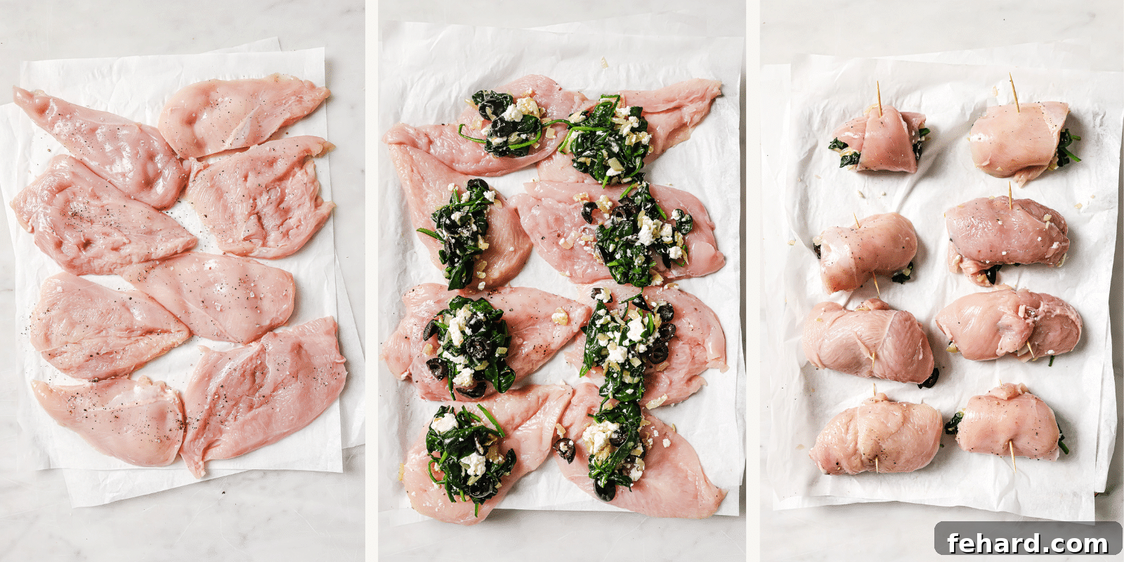 Stuffing and rolling up the chicken fillets.