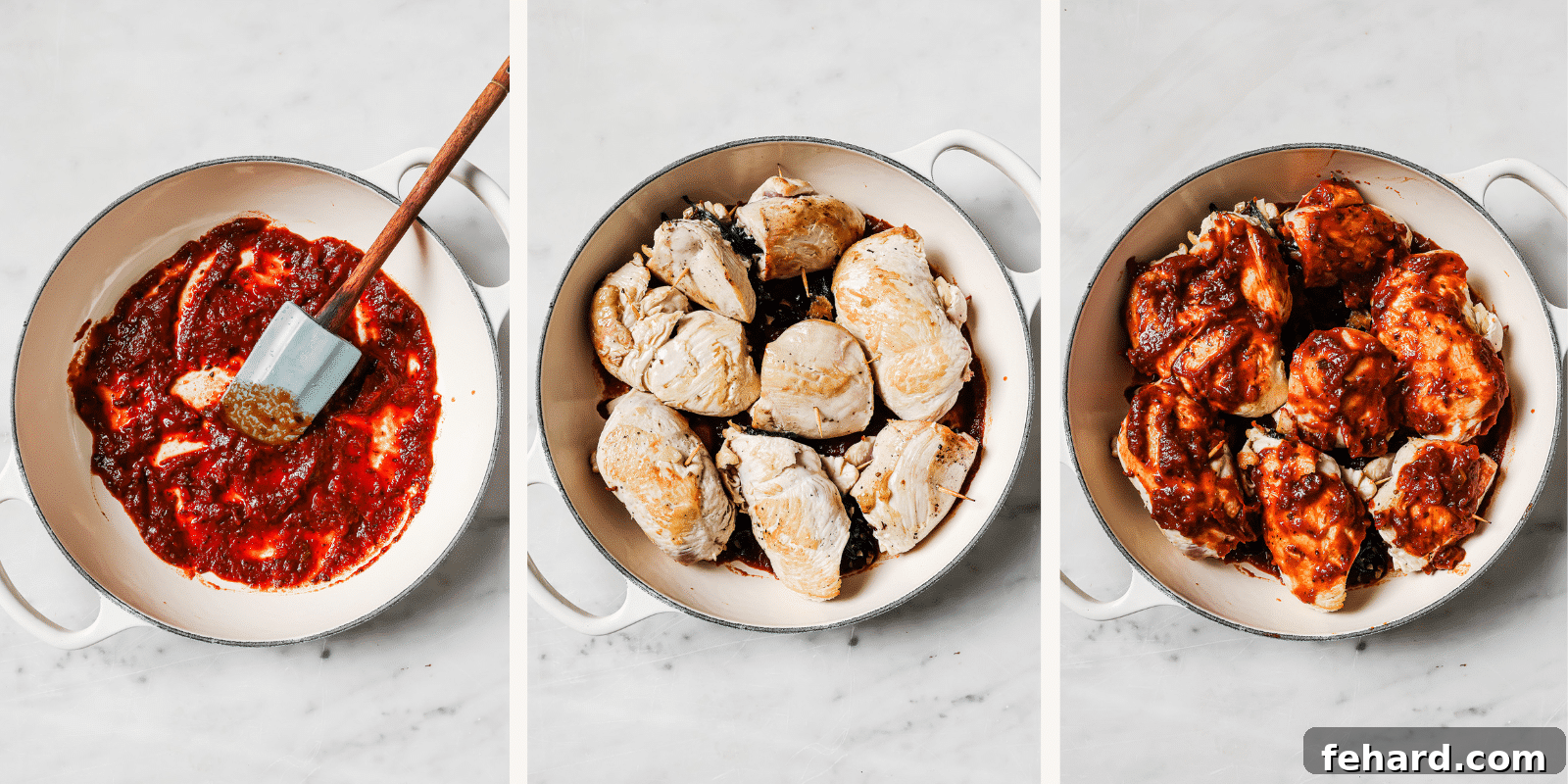 Adding the tomato sauce and chicken to a baking dish.