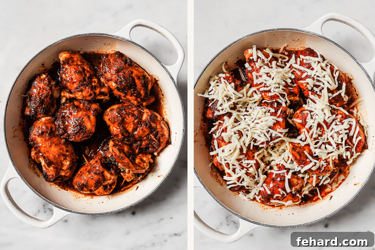 Left: baked chicken in a skillet. Right: cheese added on top.