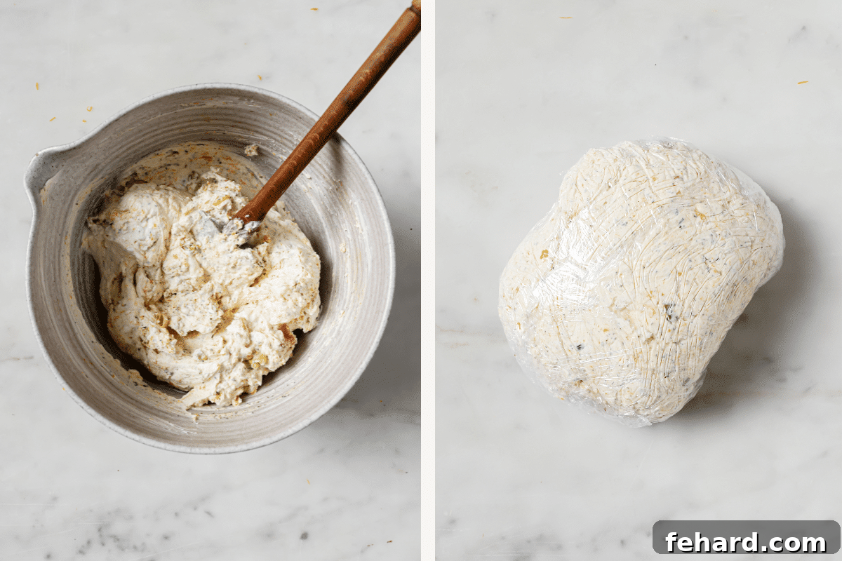 Left: Cheese mixture in a bowl. Right: Cheese mixture wrapped in plastic wrap. 