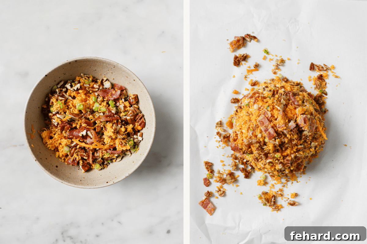 Left: Coating mixture in a bowl. Right: Cheese ball covered in coating mixture.