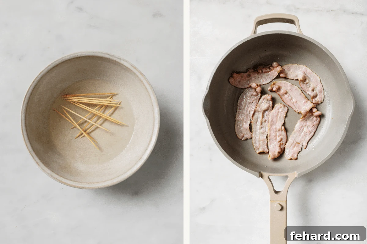 Ocean Jewels in a Crispy Embrace 4 Left: Wooden toothpicks soaking in a glass of water. Right: Bacon strips partially cooking in a hot skillet.