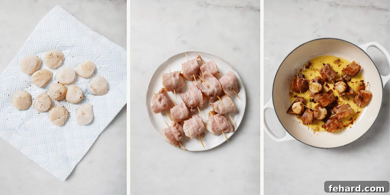 Ocean Jewels in a Crispy Embrace 5 Left: Seasoned scallops on a paper towel, ready for wrapping. Middle: Scallops wrapped in crispy bacon, secured with toothpicks. Right: Cooked bacon-wrapped scallops sizzling in a skillet with garlic butter.