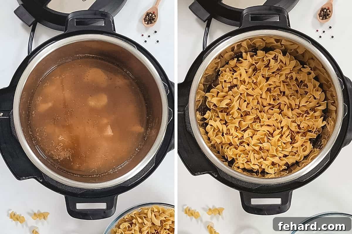 Side-by-side comparison inside an Instant Pot: first, broth with tuna, then after adding and submerging egg noodles in an even layer.