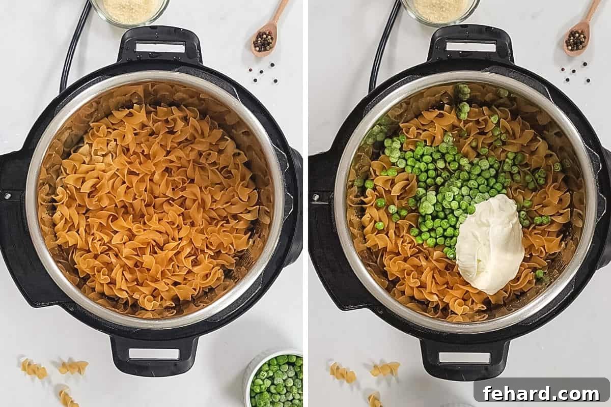Side-by-side view inside an Instant Pot: first, perfectly cooked noodles and tuna, then after stirring in sour cream, peas, and parmesan cheese for creamy richness.