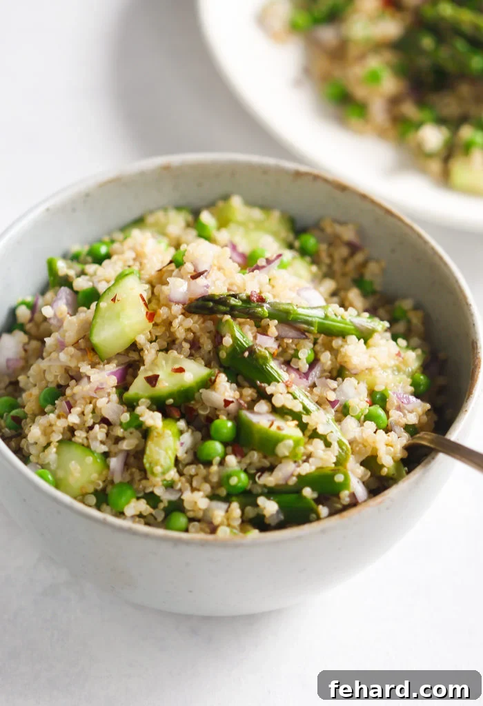Vibrant Spring Quinoa Salad with fresh asparagus, peas, cucumber, and red onions, dressed in a homemade vinaigrette.
