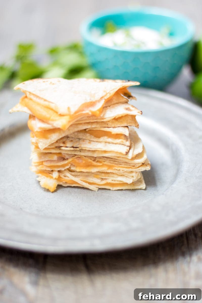 Guilt-Free Cheese Quesadilla 2 Healthy Veggie Quesadilla wedges stacked on a plate next to a small bowl of cilantro cream, showcasing the golden-brown tortilla and the subtle orange filling.