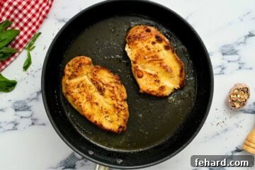 Proposal-Worthy Chicken 5 Seared chicken cutlets in skillet for marry me chicken recipe.