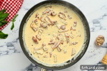 Proposal-Worthy Chicken 7 Parmesan cream sauce in skillet with sun-dried tomatoes.