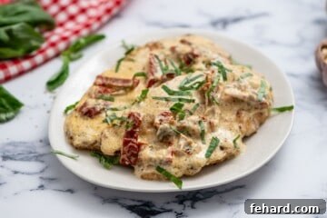 Proposal-Worthy Chicken 9 Chicken with sundried tomatoes and parmesan cream sauce dished up on white plate.