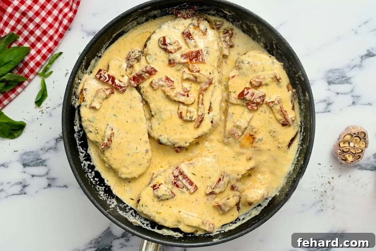 Creamy Marry Me Chicken in Skillet Several chicken cutlets resting in a large skillet, enveloped in a thick, creamy parmesan sauce with visible chunks of sun-dried tomatoes, simmering to perfection.