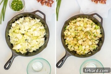 Side by side photo of cast iron skillet with cabbage before and after sauteeing it.