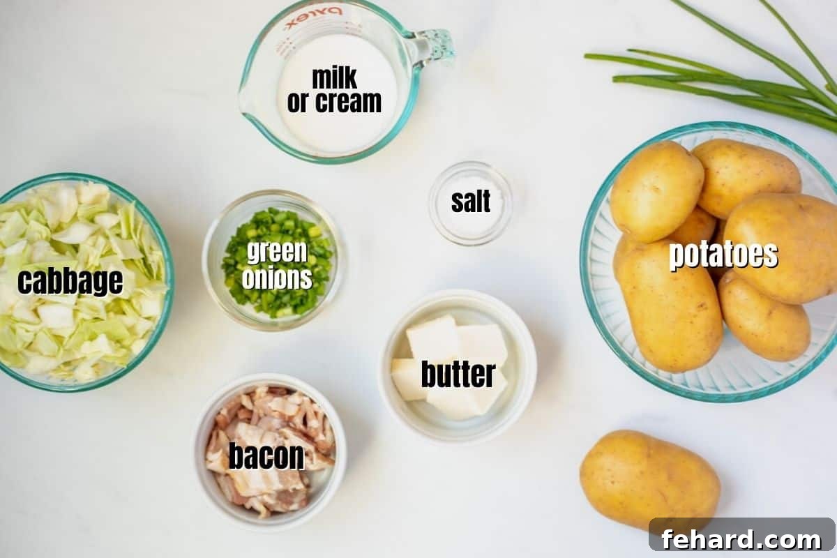 Labeled ingredients for Colcannon laid out on a kitchen counter: potatoes, cabbage, bacon, green onions, butter, milk, and salt.