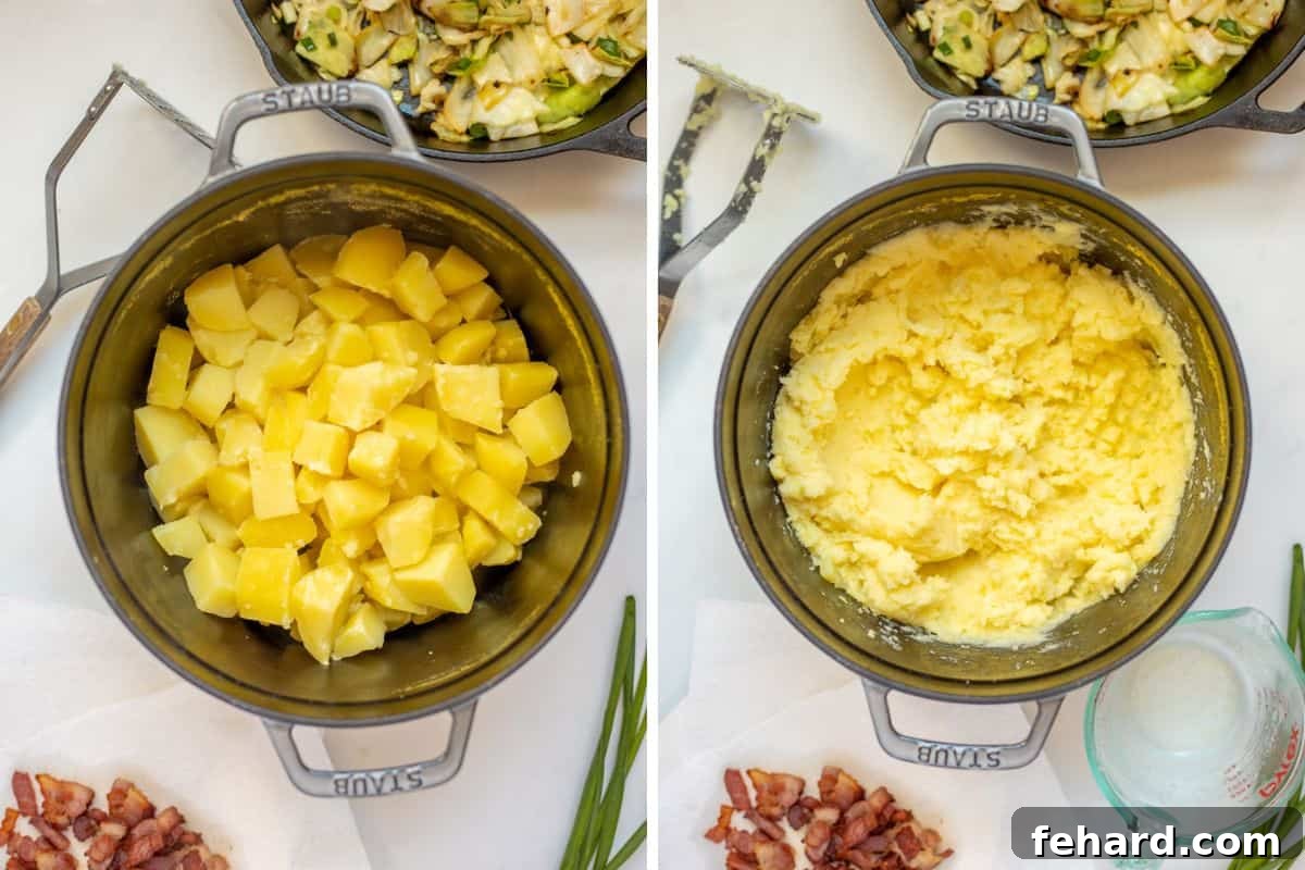 Side-by-side comparison: cooked potato cubes in a pot, and the same potatoes after being mashed to a smooth consistency.