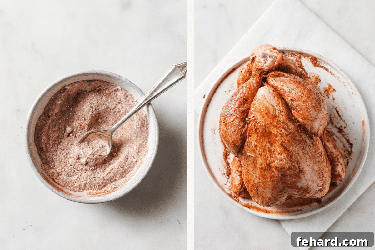 Left: a small bowl of spices. Right: a whole chicken rubbed in spices, ready for cooking.