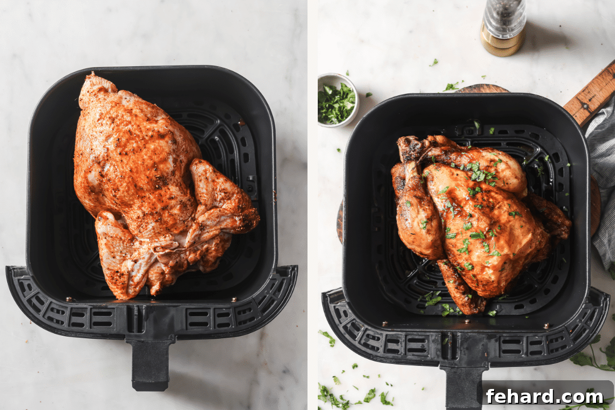 Left: seasoned chicken in the air fryer basket. Right: cooked chicken in the air fryer, ready to be removed.