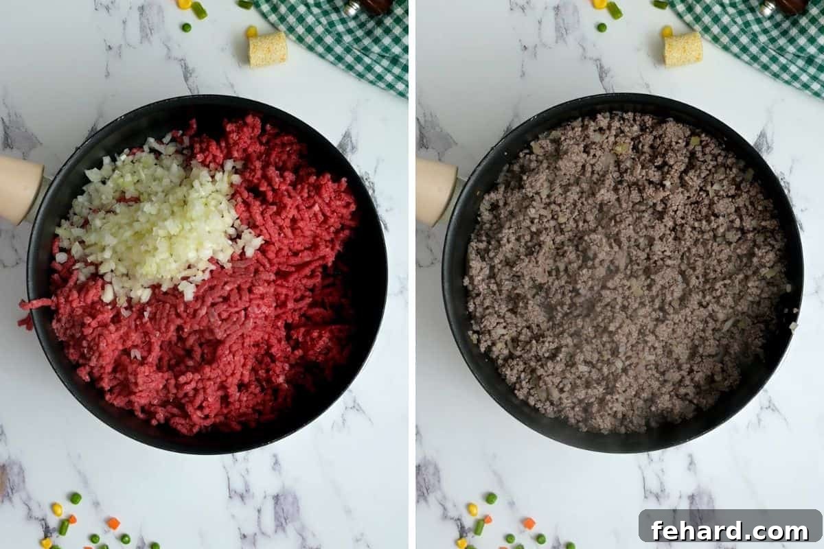 Side-by-side comparison showing ground beef before and after browning in a skillet with onions.