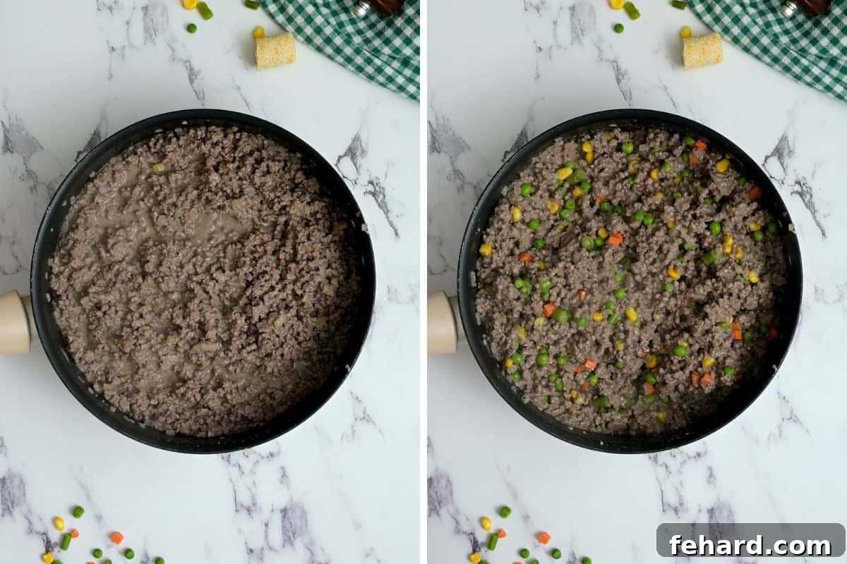 Side-by-side photo illustrating a frying pan with ground beef and gravy mixture before and after the addition of colorful mixed vegetables.