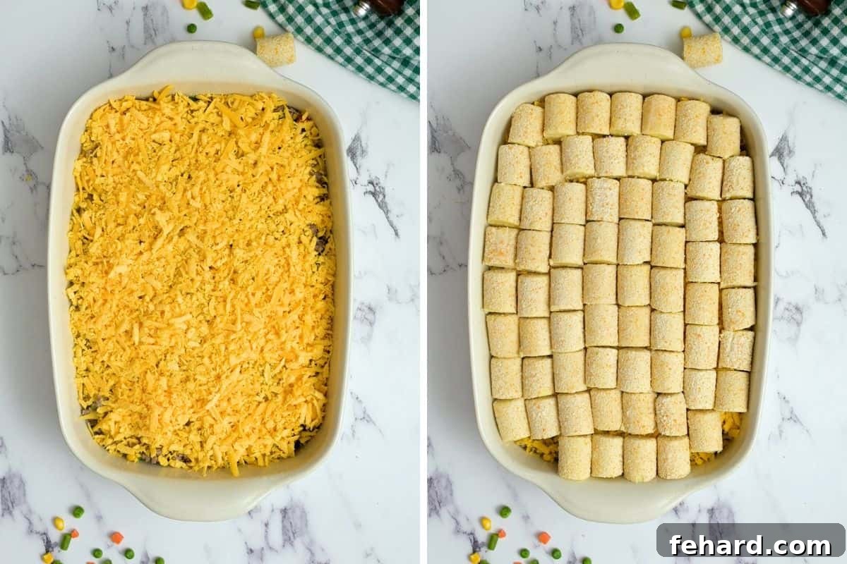 Side-by-side image displaying a casserole dish with beef mixture and cheese, followed by the same dish topped with a single layer of tater tots, ready for baking.
