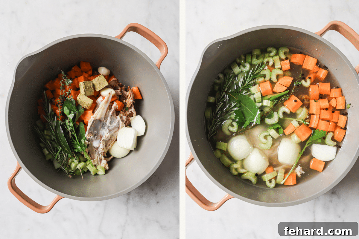 Left: Various ingredients for chicken broth, including chicken carcass, vegetables, and herbs, placed in a large pot. Right: Cold water being added to cover all the ingredients in the pot.
