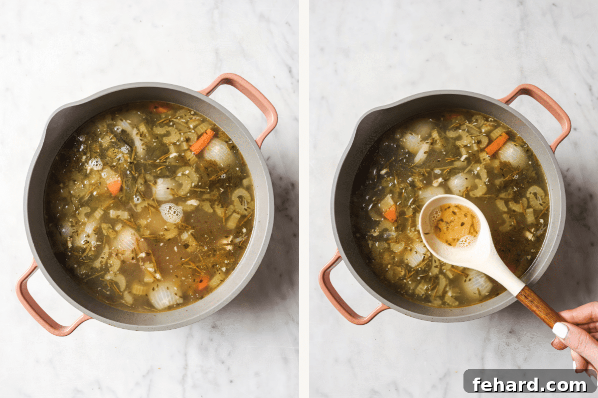 Left: Cooked chicken carcass and vegetables simmering in a pot of broth. Right: A slotted spoon being used to skim foam from the surface of the simmering chicken broth.