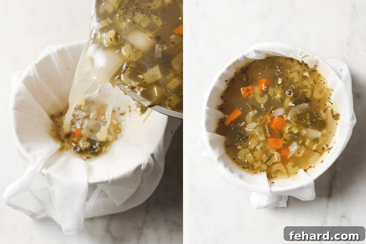 Left: Pouring freshly simmered chicken broth through a cheesecloth-lined strainer into a large bowl. Right: Unstrained broth with solids in a pot.