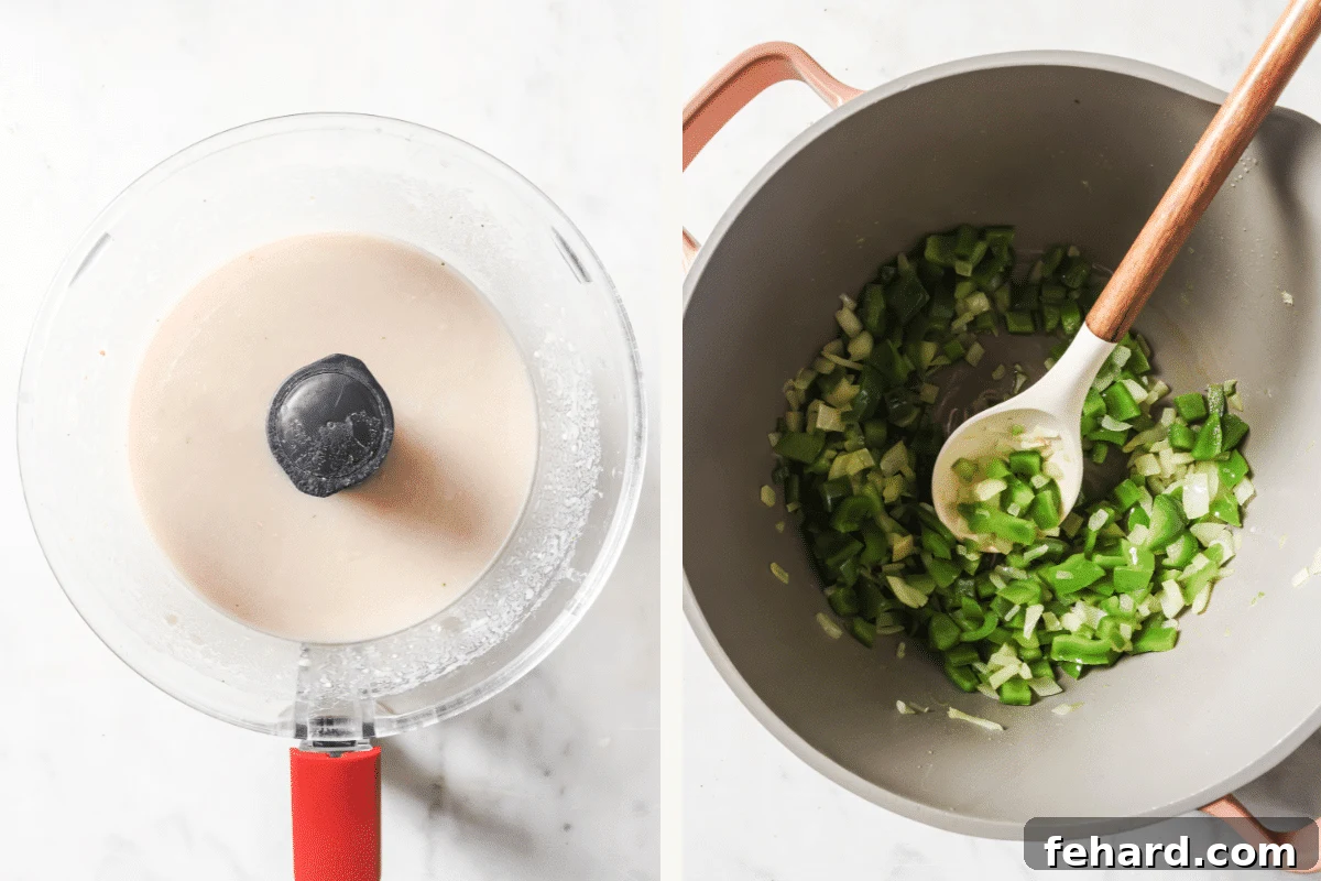 Left: A food processor blending white beans and chicken broth into a creamy purée. Right: Diced onions, jalapeños, and poblano peppers sautéing in a pot with olive oil.