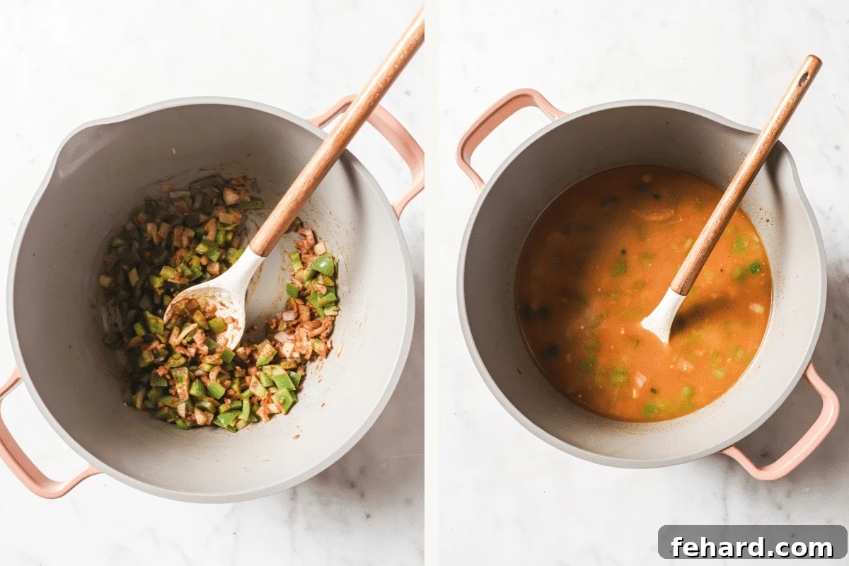 Left: Ground cumin, coriander, and chili powder being added to sautéed vegetables in a pot. Right: Chicken broth and puréed beans poured into the pot, simmering.