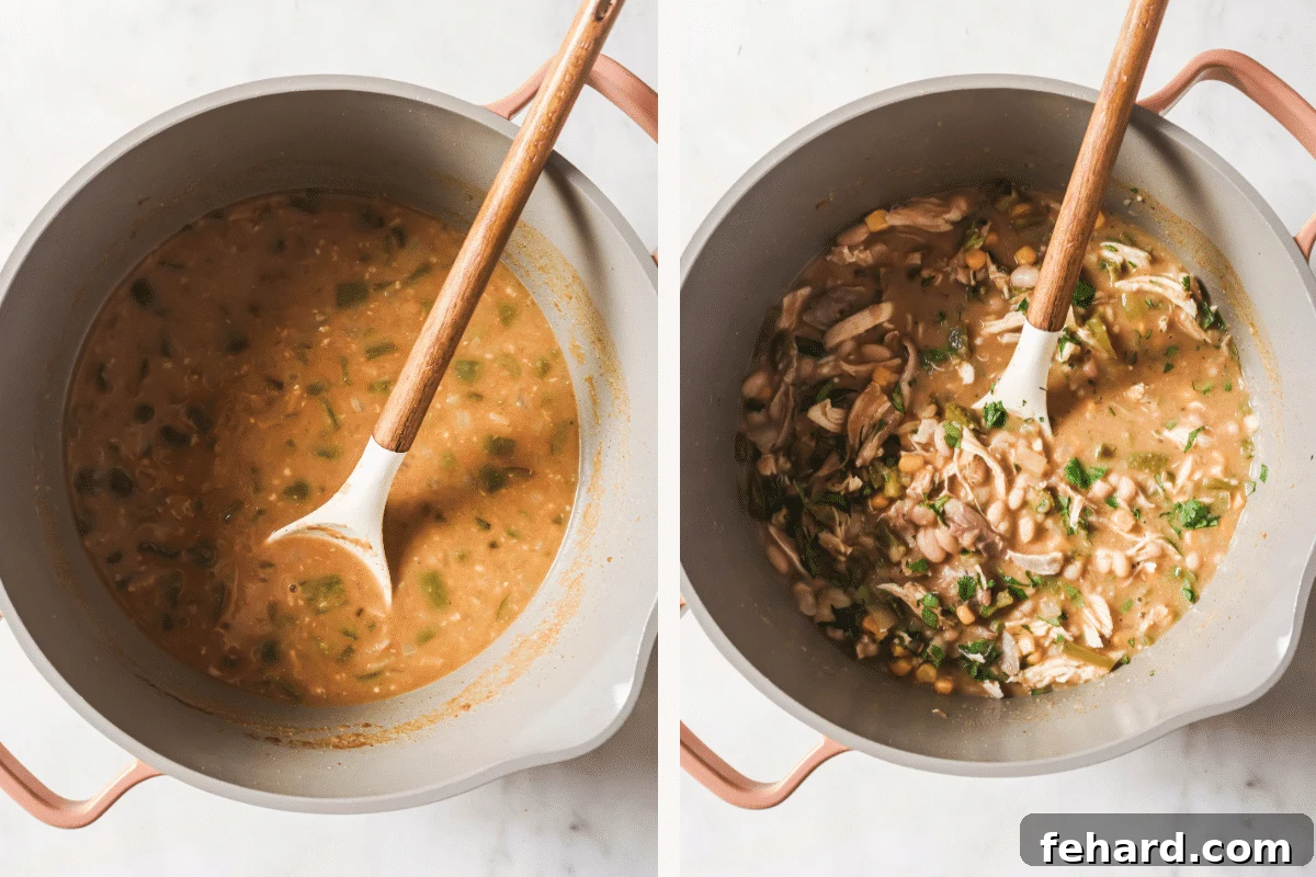 Left: The white chicken chili simmering after 20 minutes, with a creamy texture. Right: Shredded rotisserie chicken, whole white beans, and frozen corn added to the chili, being stirred.