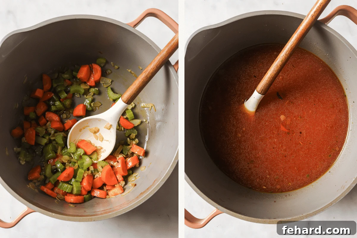 Hearty Vegetable Minestrone 4 Left image shows a Dutch oven with vegetables sautéing. Right image shows crushed tomatoes and broth being added to the sautéed vegetables.