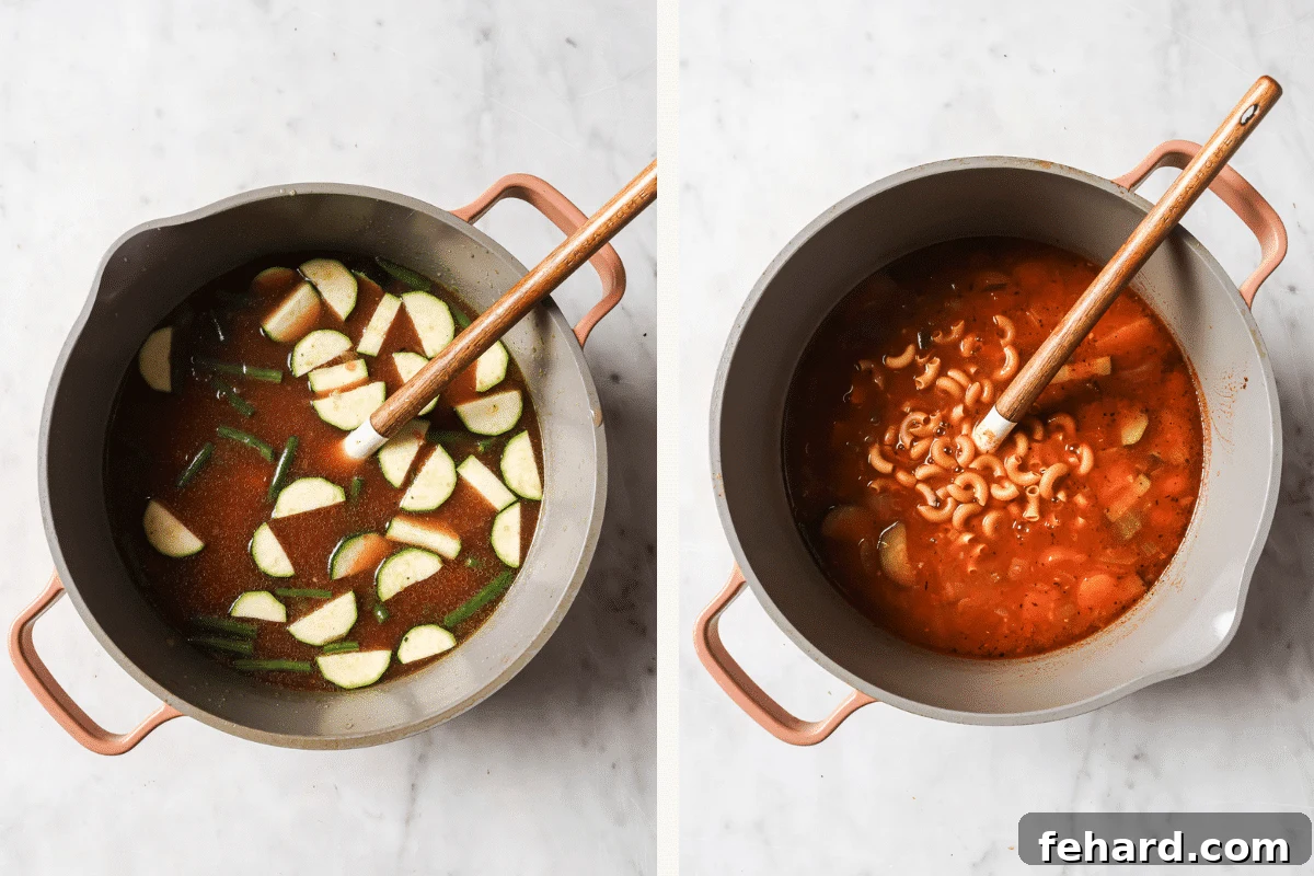 Hearty Vegetable Minestrone 5 Left image shows green beans and zucchini added to the Dutch oven. Right image shows macaroni being stirred into the simmering soup.