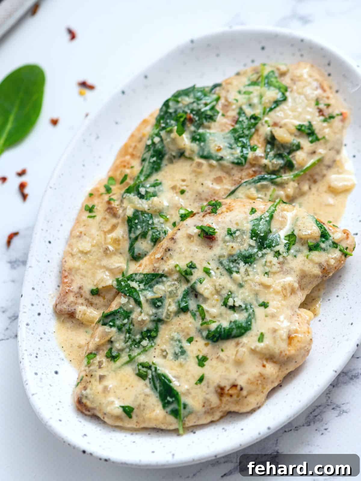 Best Chicken Florentine Recipe Two perfectly plated servings of Chicken Florentine on a white serving platter, garnished with fresh parsley. Golden-brown chicken cutlets are generously coated in a rich, vibrant green spinach cream sauce, ready to be enjoyed.
