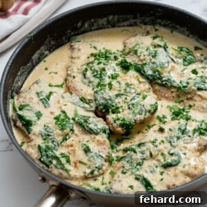 Creamy Florentine Chicken 2 Close-up of Chicken Florentine in a skillet, coated in creamy sauce, for the recipe card thumbnail.