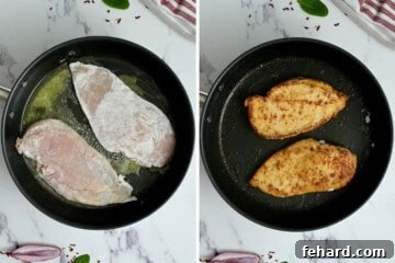 Creamy Florentine Chicken 4 Side-by-side view of chicken cutlets in a skillet, before and after achieving a golden-brown sear.
