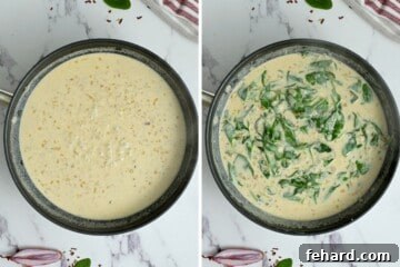 Creamy Florentine Chicken 7 Two images displaying the sauce: first, creamy Parmesan sauce, then with fresh spinach added and gently wilting in.